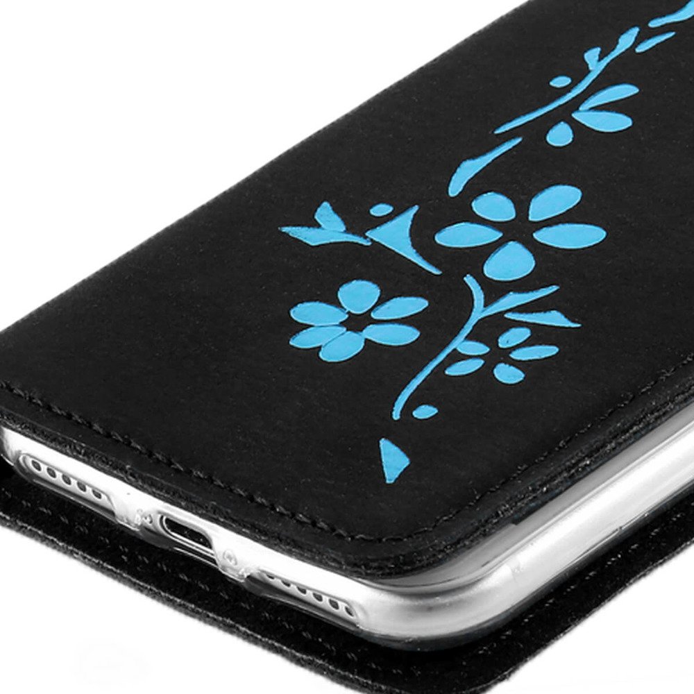 Etui na telefon skóra naturalna Smart Magnet RFID - Nubuk Czarny - Kwiaty turkusowe
