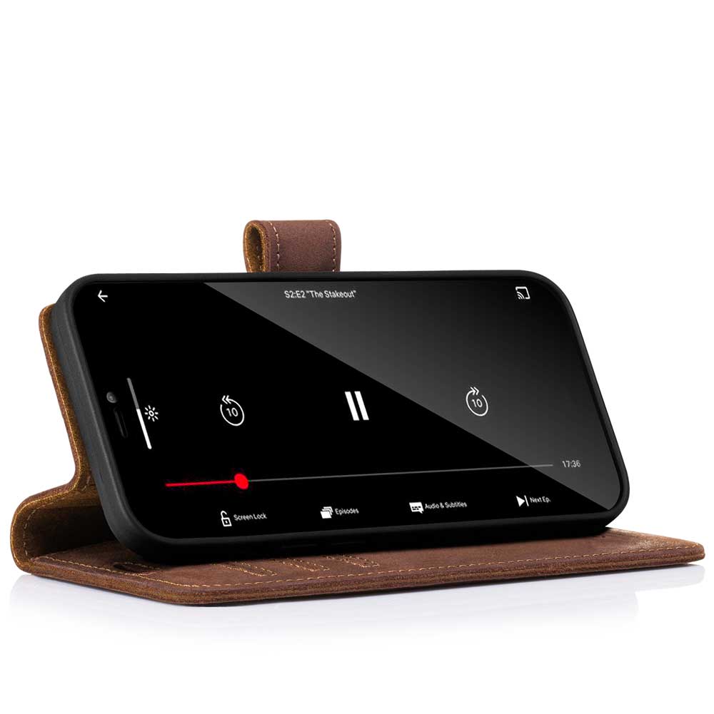 Skórzany pokrowiec na smartfon RFID Portfel z Klapką Premium - Orzechowy - TPU Czarne